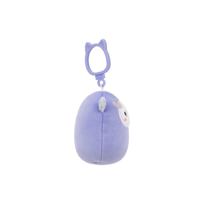 Lavender plush animal clip with white facial details and a purple cat-ear carabiner
