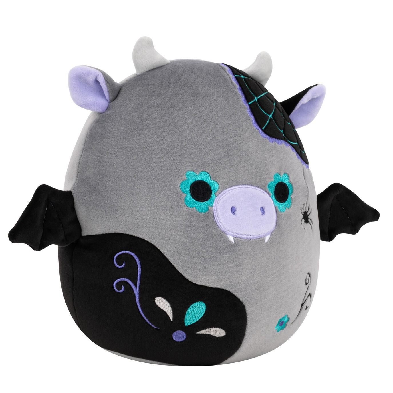 A grey and black Squishmallow plush with bat wings horns teal floral eyes fangs a spiderweb and vibrant embroidered designs
