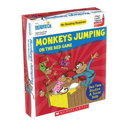 Briarpatch Monkeys Jumping On The Bed Game box, features cartoon monkeys wearing pajamas bouncing on a bed