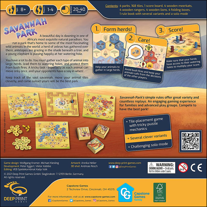 Player boards and animal tiles displayed for Savannah Park setup