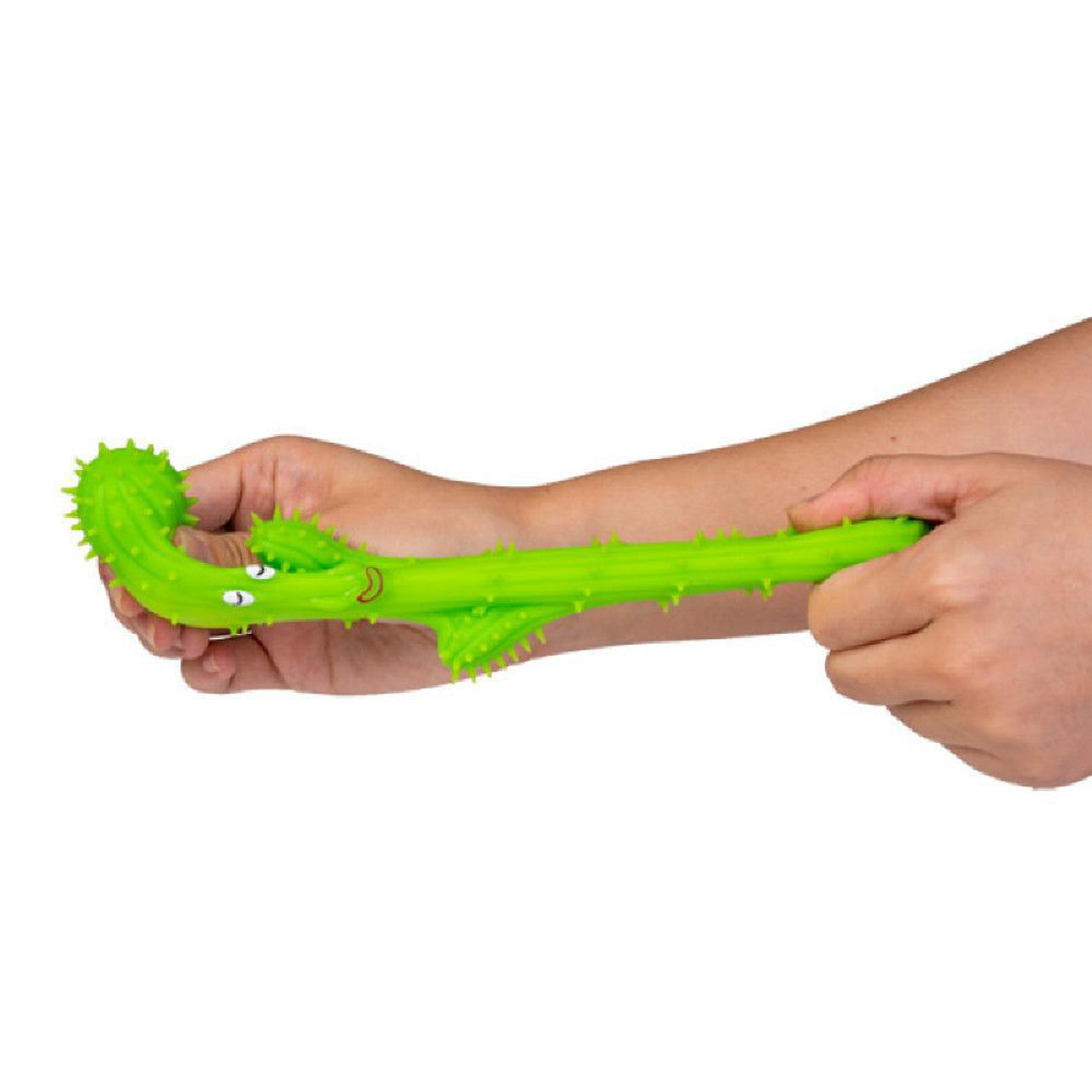 Hands bending a flexible, green, cartoon cactus toy