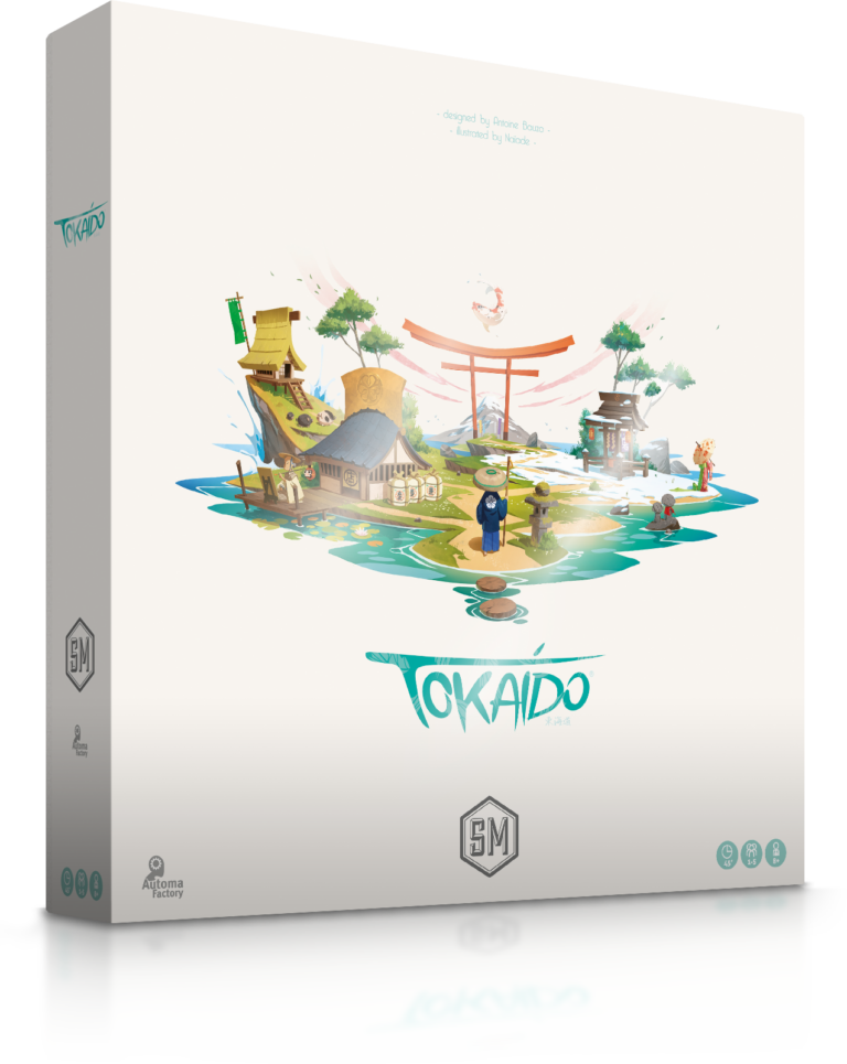 Box cover for the Tokaido board game, showing travelers and structures in a stylized Japanese landscape