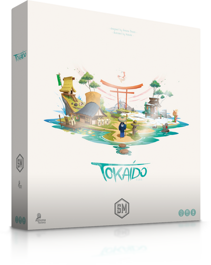 Box cover for the Tokaido board game, showing travelers and structures in a stylized Japanese landscape