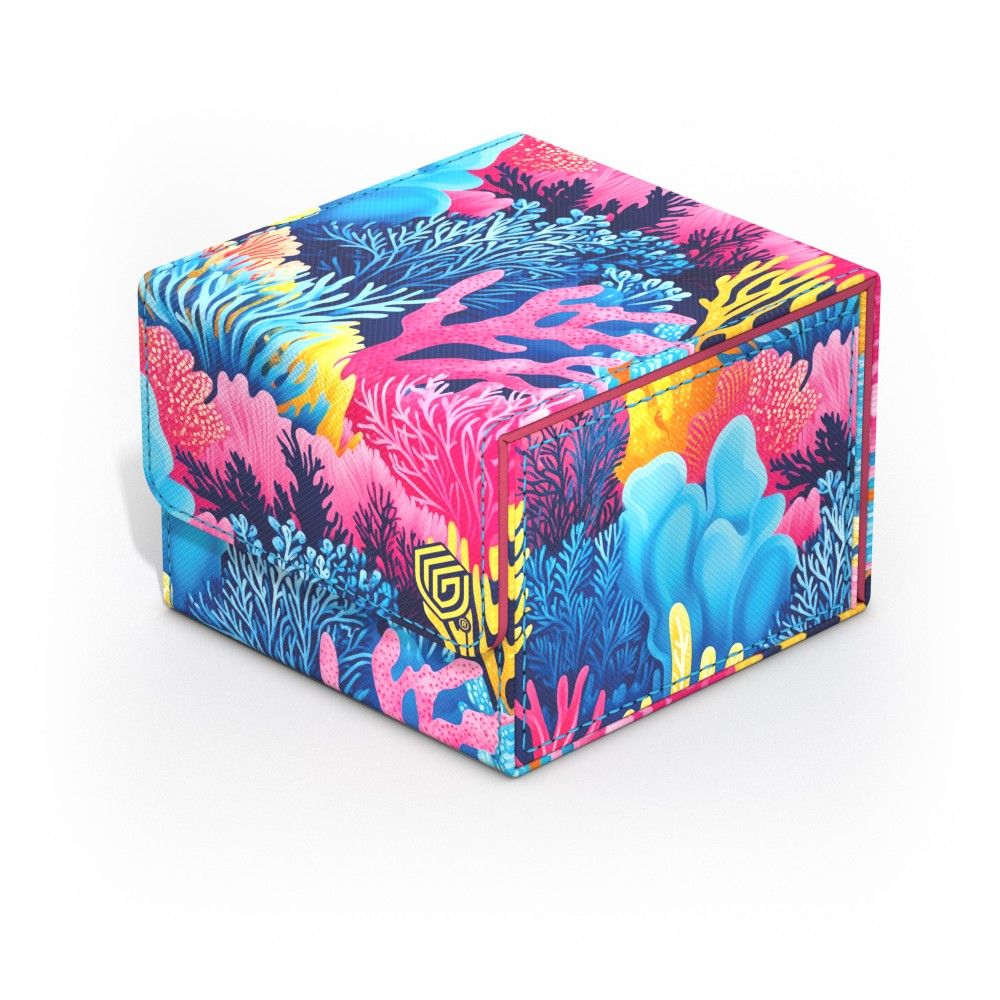 Vibrant storage box featuring a detailed, colourful coral reef pattern in neon pink, blue, and yellow on a dark background