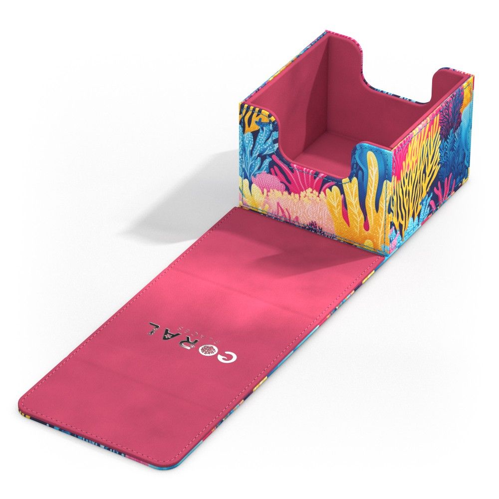 Card deck box with vibrant coral reef pattern and magnetic hot pink lid, displaying "CORAL" logo