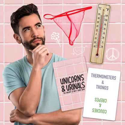 Man ponders Unicorns Urinals party game next to thong and thermometer card
