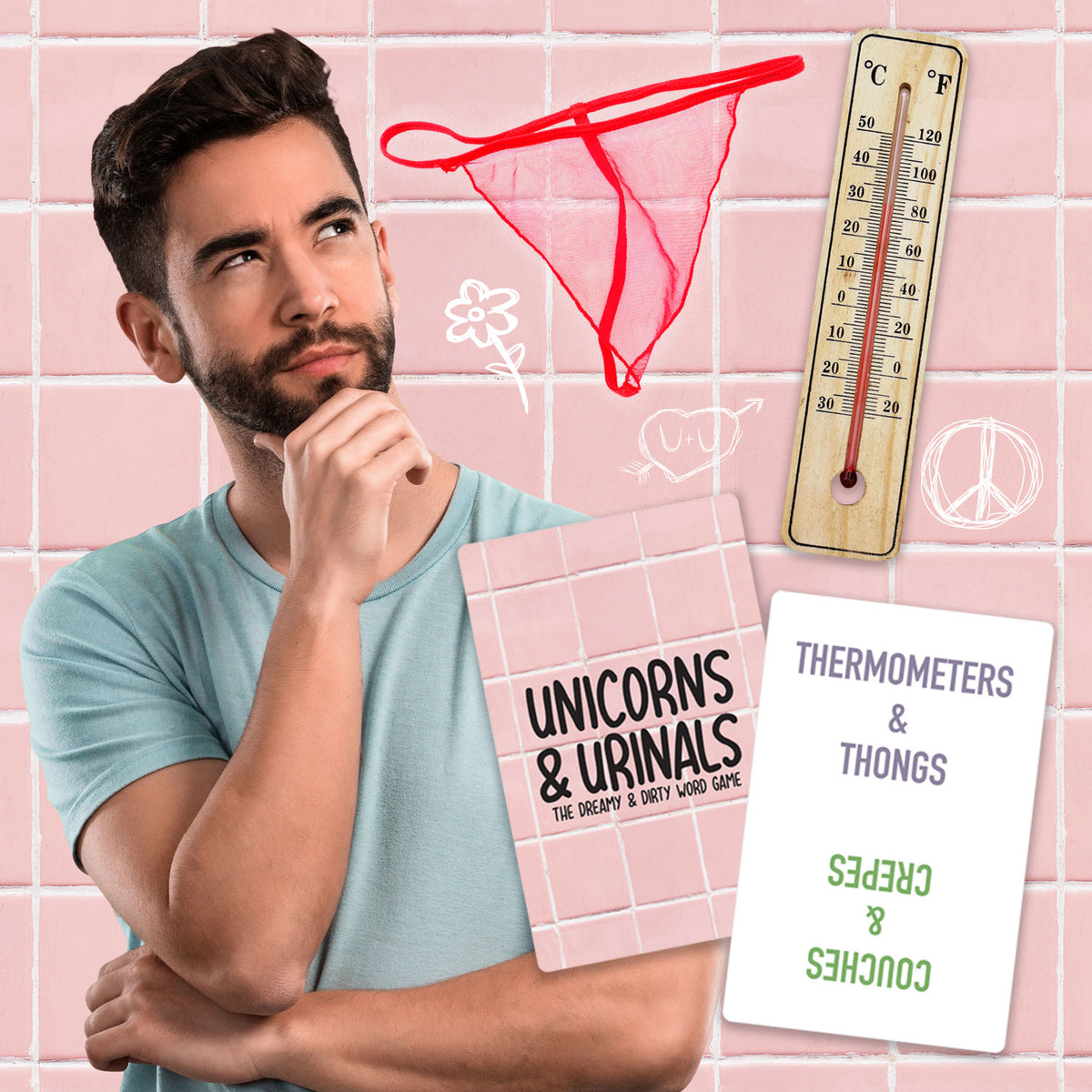 Man ponders Unicorns Urinals party game next to thong and thermometer card