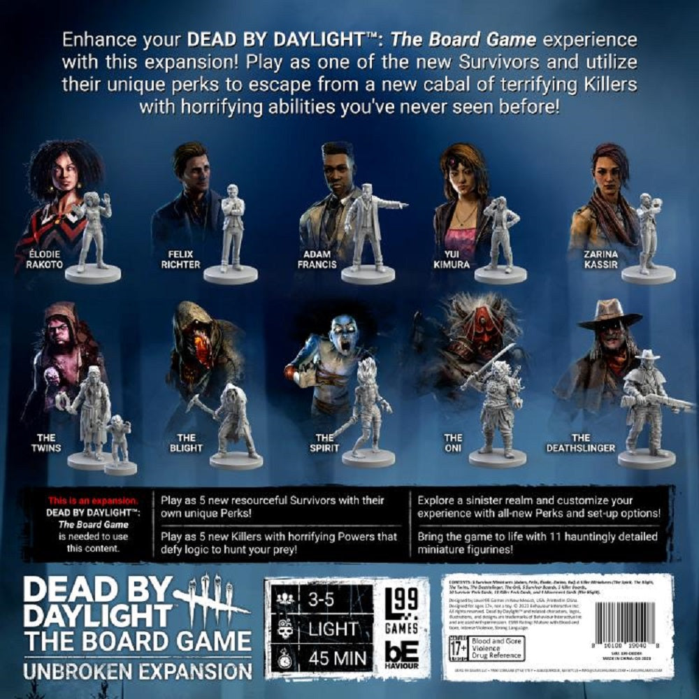 Dead by Daylight: Board Game - Unbroken Expansion featuring 11 miniatures (Survivors and Killers) and character artwork