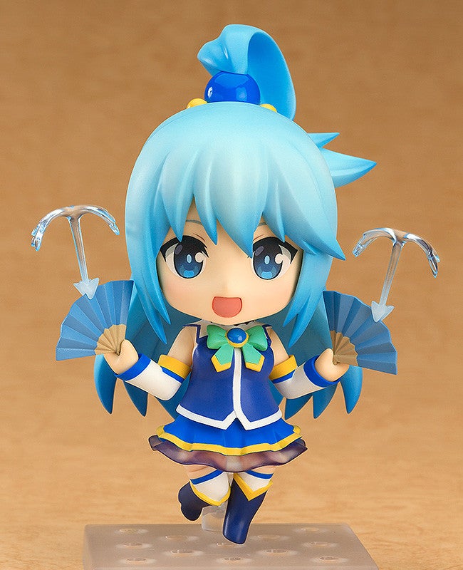 Good Smile Company Nendoroid Aqua figure from Kono Subarashii Sekai ni Syukufuku wo in blue dress with fans and effect parts