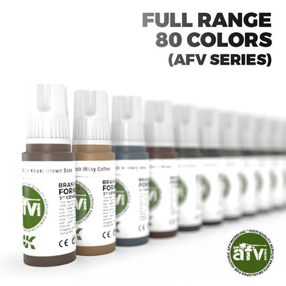 A long row of small acrylic paint bottles in various colors, including brown, tan, and blue-gray, part of an 80-color AFV Series