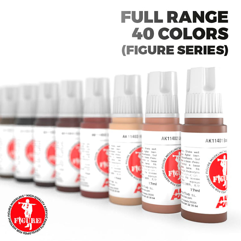A row of dropper bottles containing acrylic paints in various shades for figure modeling