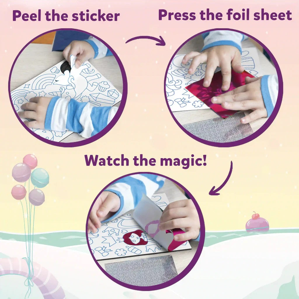 Instructional steps for foil art kit: child peels sticker, presses foil, reveals finished transfer design
