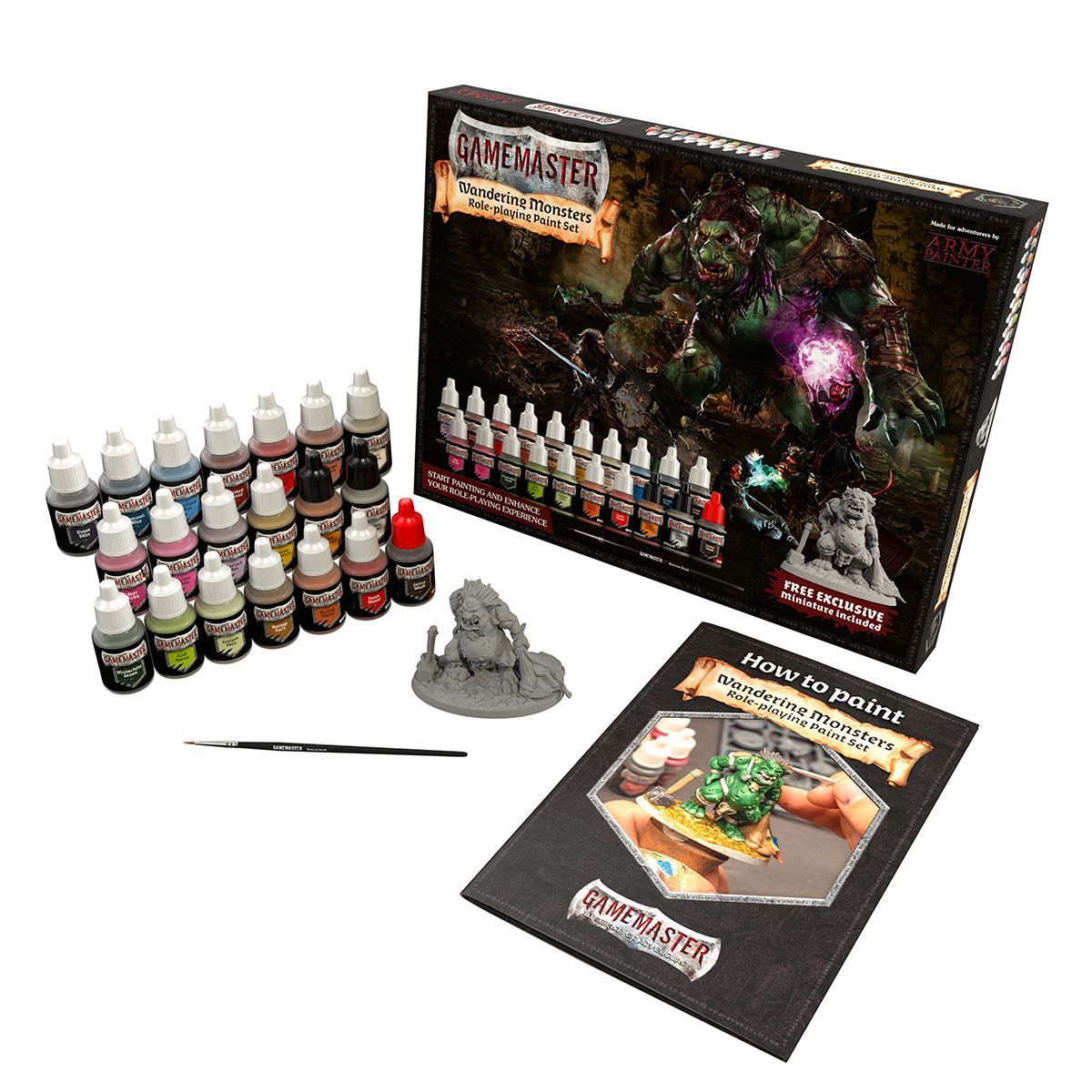 Gamemaster Wandering Monsters RPG paint set: box, 25 paint bottles, brush, 2 grey miniatures, and a guide.