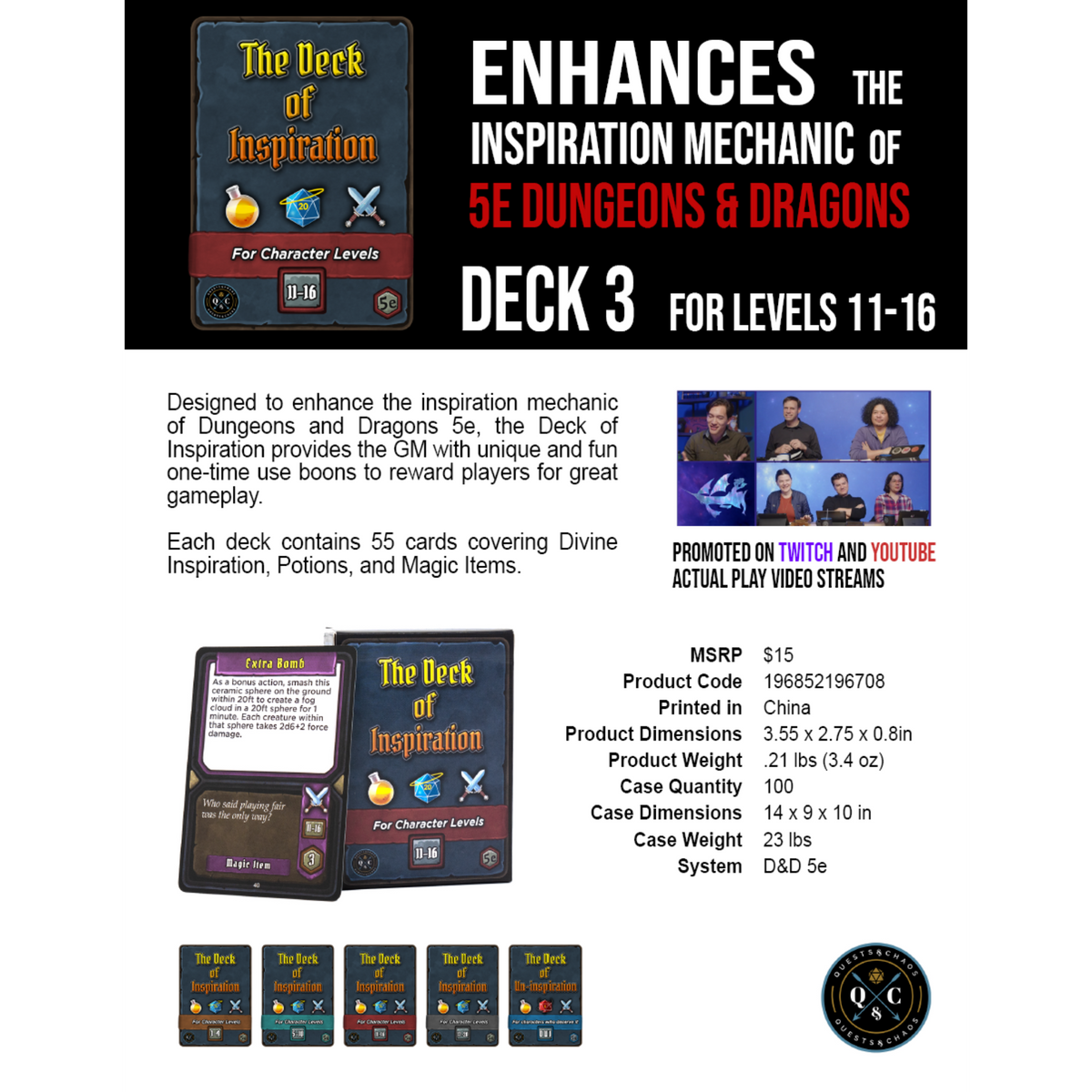 The Deck of Inspiration 3 for D&amp;D 5e, designed for character levels 11-16