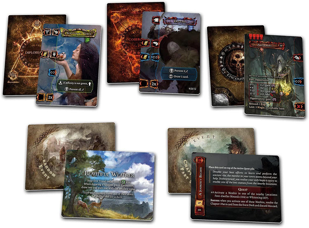 The Fall of Avalon board game cards showing diplomacy combat and event scenarios with detailed illustrations and text describing game effects