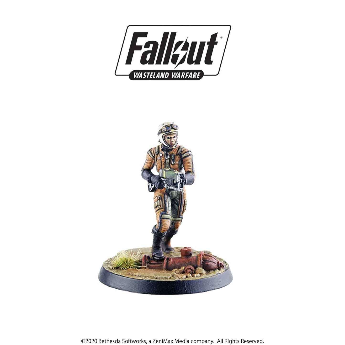 Fallout Wasteland Warfare mini: Orange-suited pilot with goggles holds a rifle, advancing on a ruined base