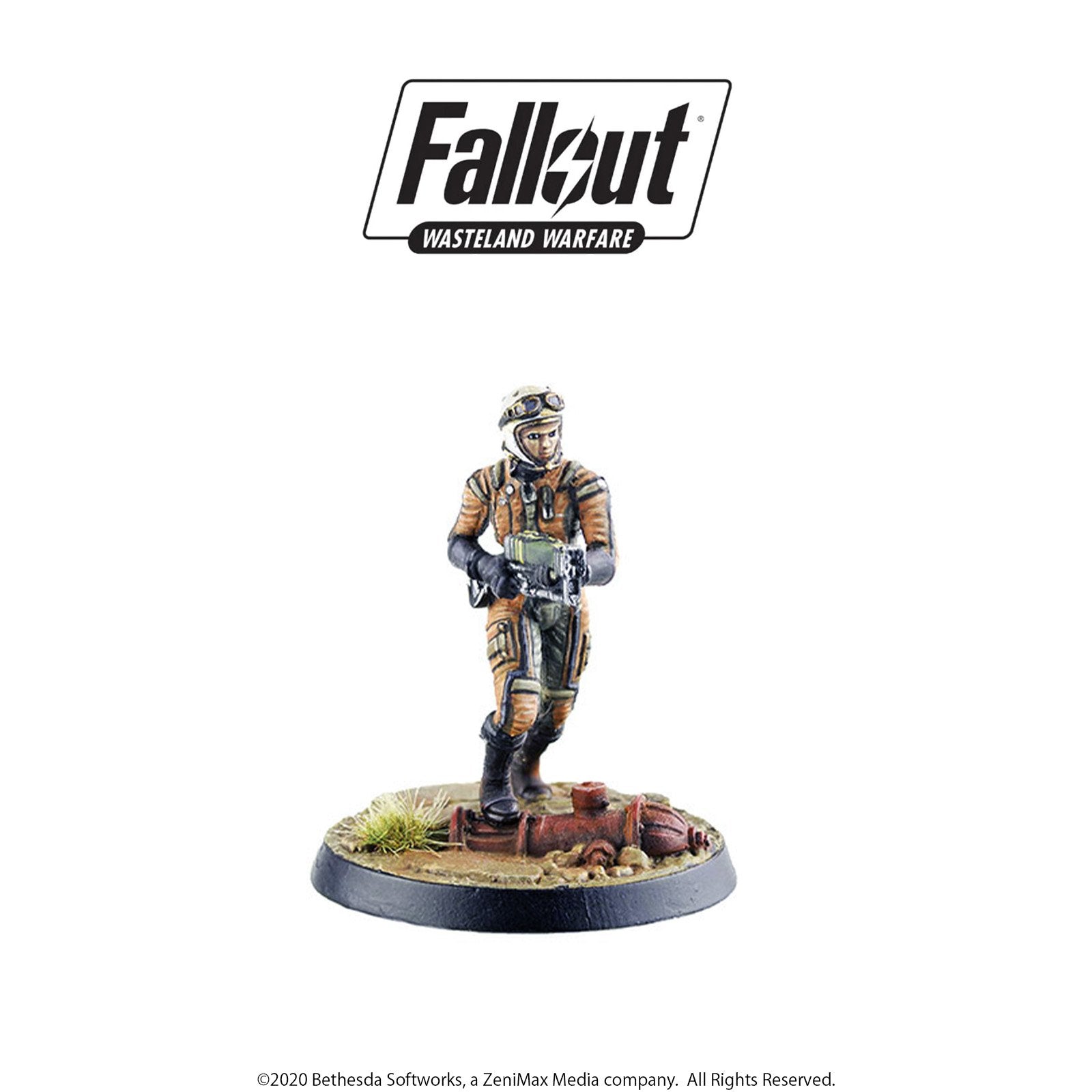 Fallout Wasteland Warfare mini: Orange-suited pilot with goggles holds a rifle, advancing on a ruined base