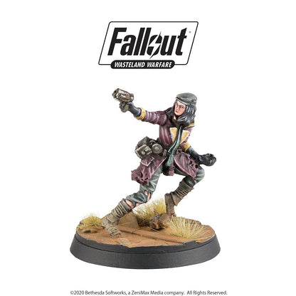 Fallout miniature of a female Wastelander in a tattered coat, running and aiming a pistol.