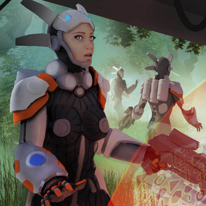 Female character in white/orange futuristic armor, looking anxious while firing a red energy weapon in a forest