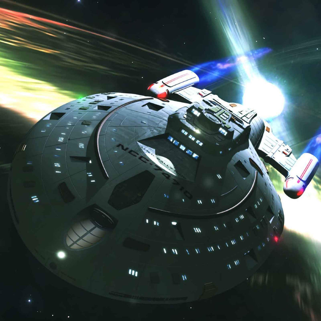 USS Sally Ride, a Starfleet ship with glowing blue engines, speeds through colourful, star-filled space