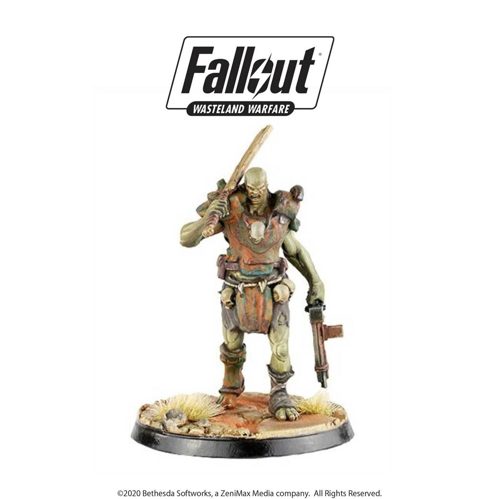 Fallout Wasteland Warfare Super Mutant miniature, green-skinned, holding a rebar club and a rifle