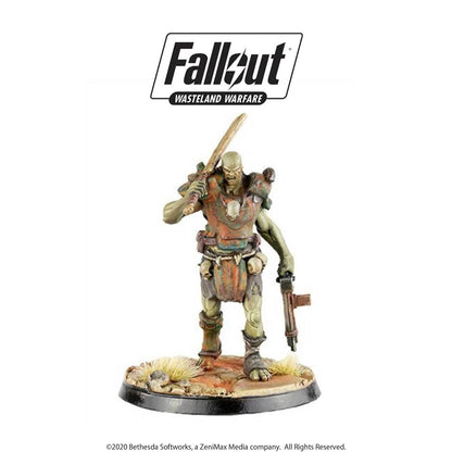 Fallout Wasteland Warfare Super Mutant miniature, green-skinned, holding a rebar club and a rifle