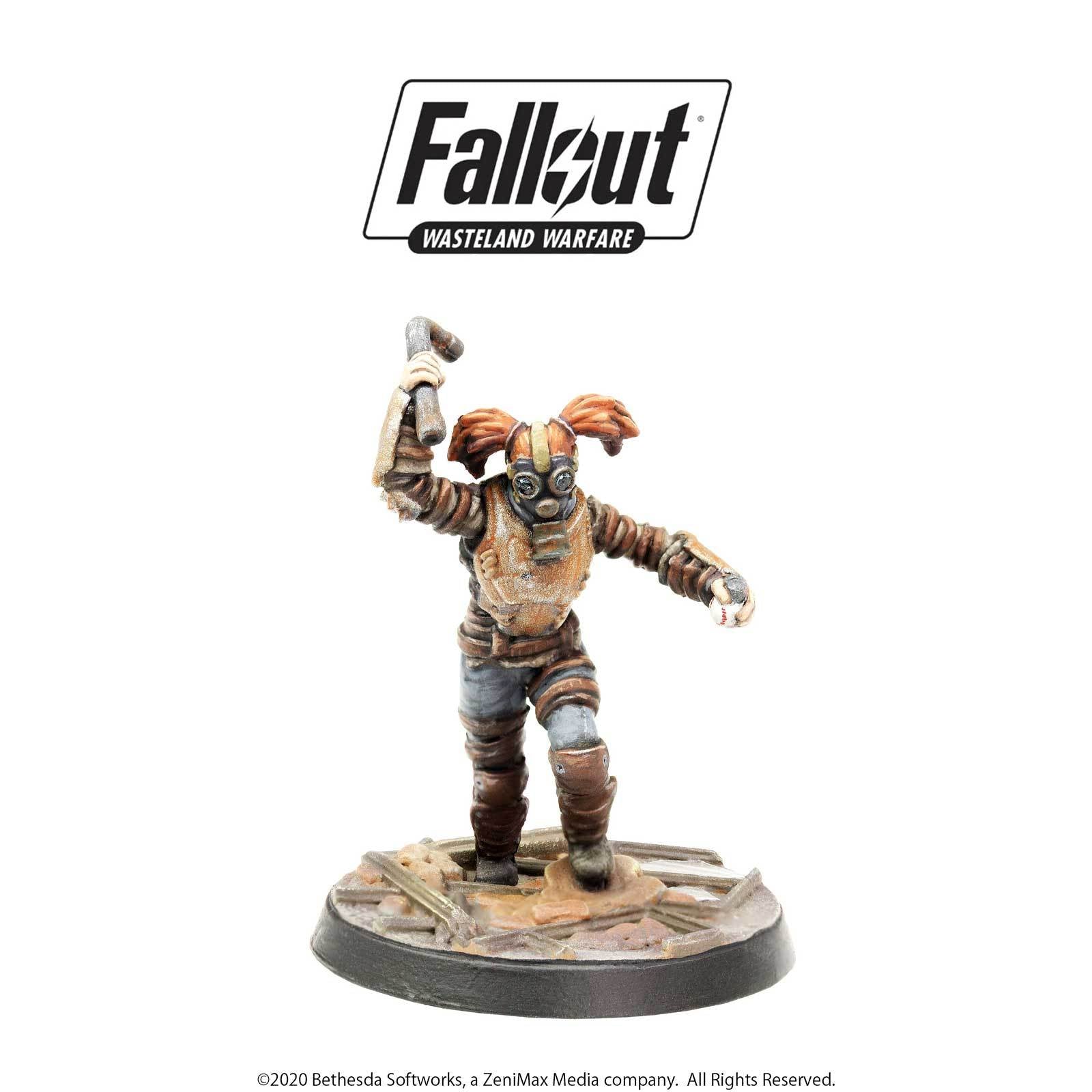 Fallout Wasteland Warfare miniature figure of a gas-masked character with pigtails, raising a pipe weapon and holding a baseball