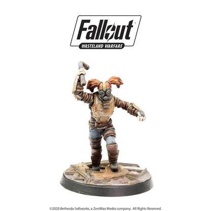 Fallout Wasteland Warfare miniature figure of a gas-masked character with pigtails, raising a pipe weapon and holding a baseball
