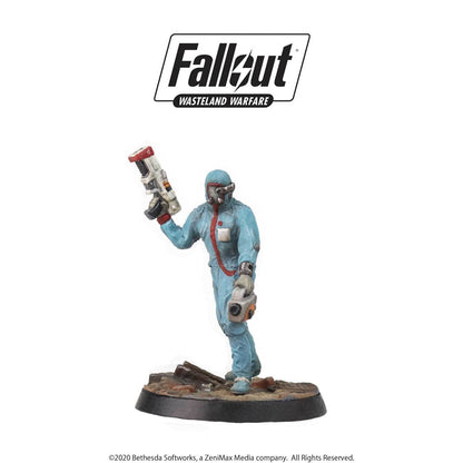 A Fallout Wasteland Warfare miniature: A blue hazmat-suited figure with goggles holds a futuristic laser rifle and a handheld device