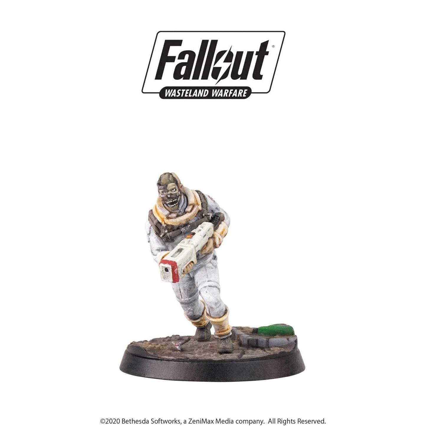 A Fallout Ghoul miniature in a white suit, holding a white laser rifle, running forward