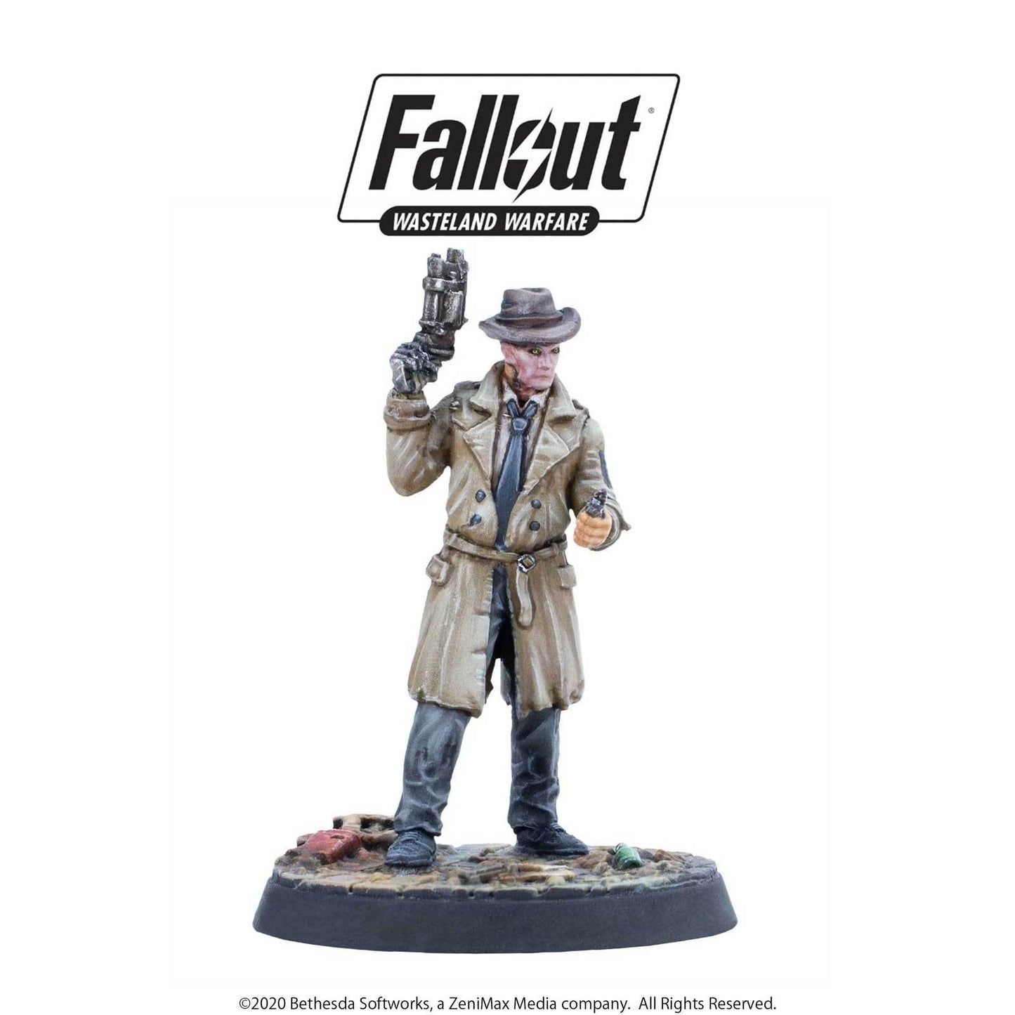Fallout Wasteland Warfare Ghoul figure in trench coat, holding a futuristic gun and a grenade