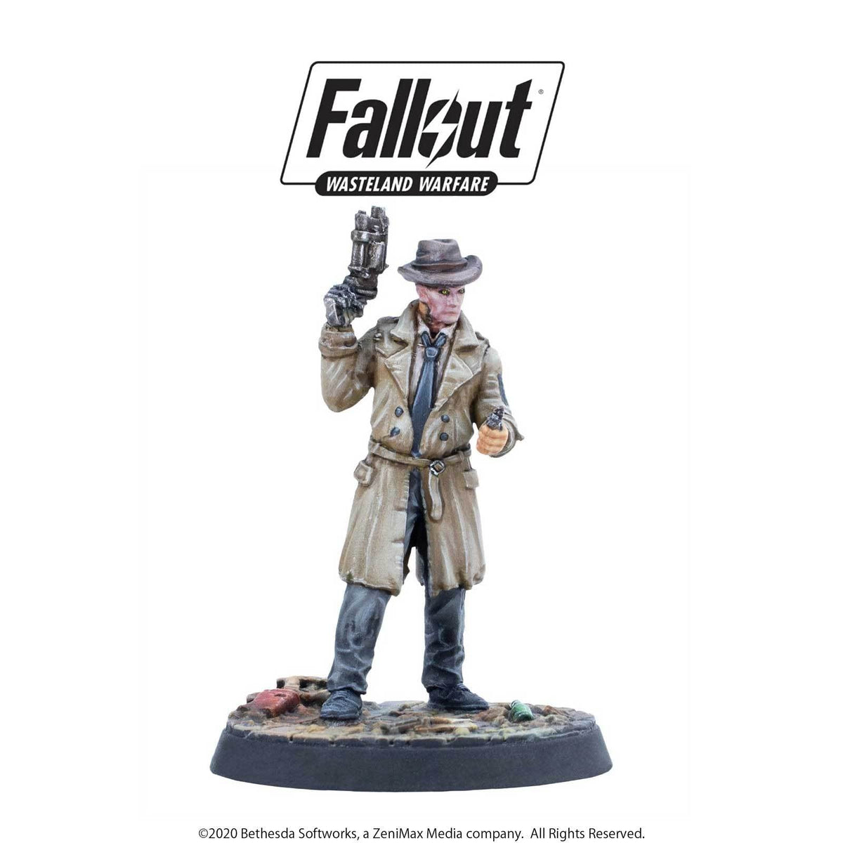 Fallout Wasteland Warfare Ghoul figure in trench coat, holding a futuristic gun and a grenade