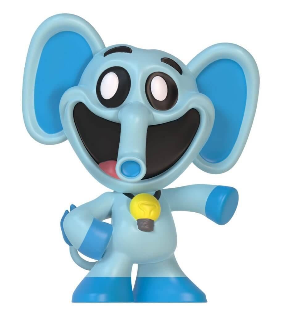 Cartoonish blue elephant figure with a wide grin and a yellow lightbulb pendant