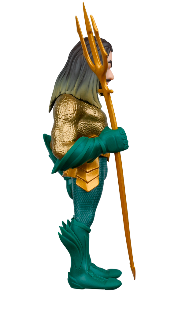 A MINIX DC Comics Aquaman figure in side profile, wearing a golden scaled top and green suit, holding a golden trident