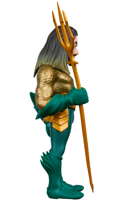 A MINIX DC Comics Aquaman figure in side profile, wearing a golden scaled top and green suit, holding a golden trident