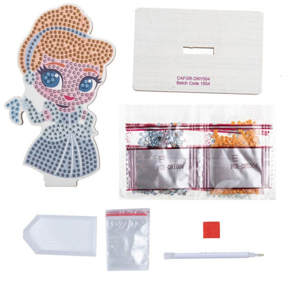 Diamond painting kit with cartoon character canvas, assorted drills, tray, and tools