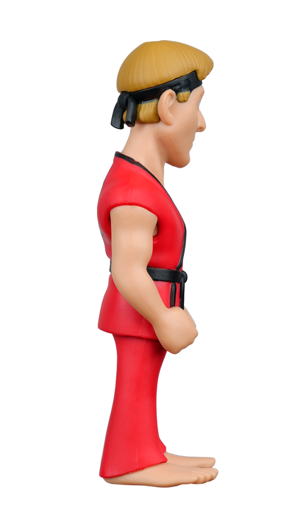 A MINIX Cobra Kai Eagle Fang Karate figure in a red karate uniform with a black belt and headband, shown in side profile