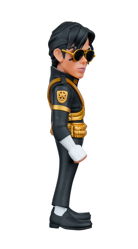 A MINIX Michael Jackson 10k Version Figure in a black uniform with gold accents, white gloves, black shoes, and gold sunglasses, shown in profile view