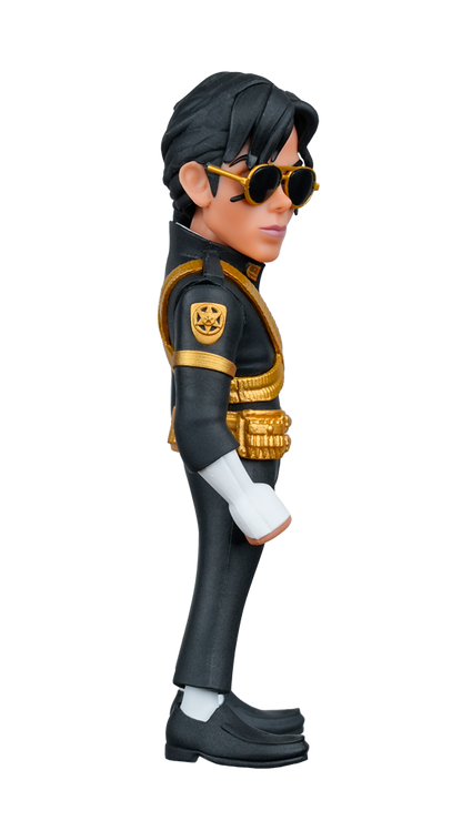 A MINIX Michael Jackson 10k Version Figure in a black uniform with gold accents, white gloves, black shoes, and gold sunglasses, shown in profile view