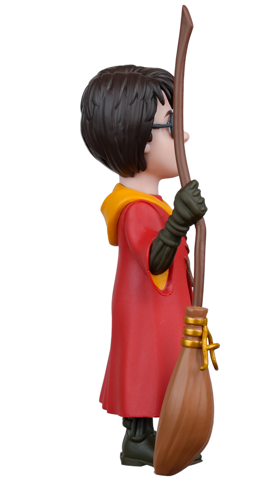 MINIX Harry Potter Quidditch Figure in a red robe with yellow hood, holding a broomstick with a green-gloved hand, seen from the side
