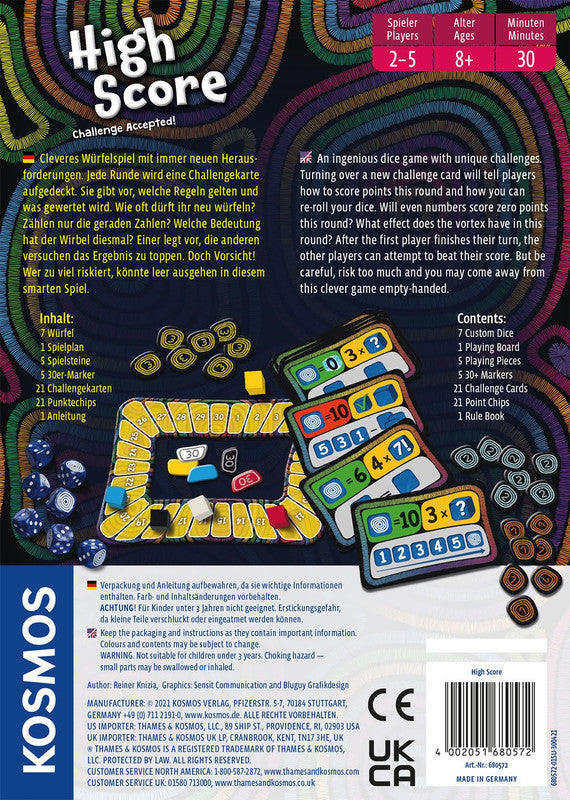 Back of the High Score dice game box showing components and game information