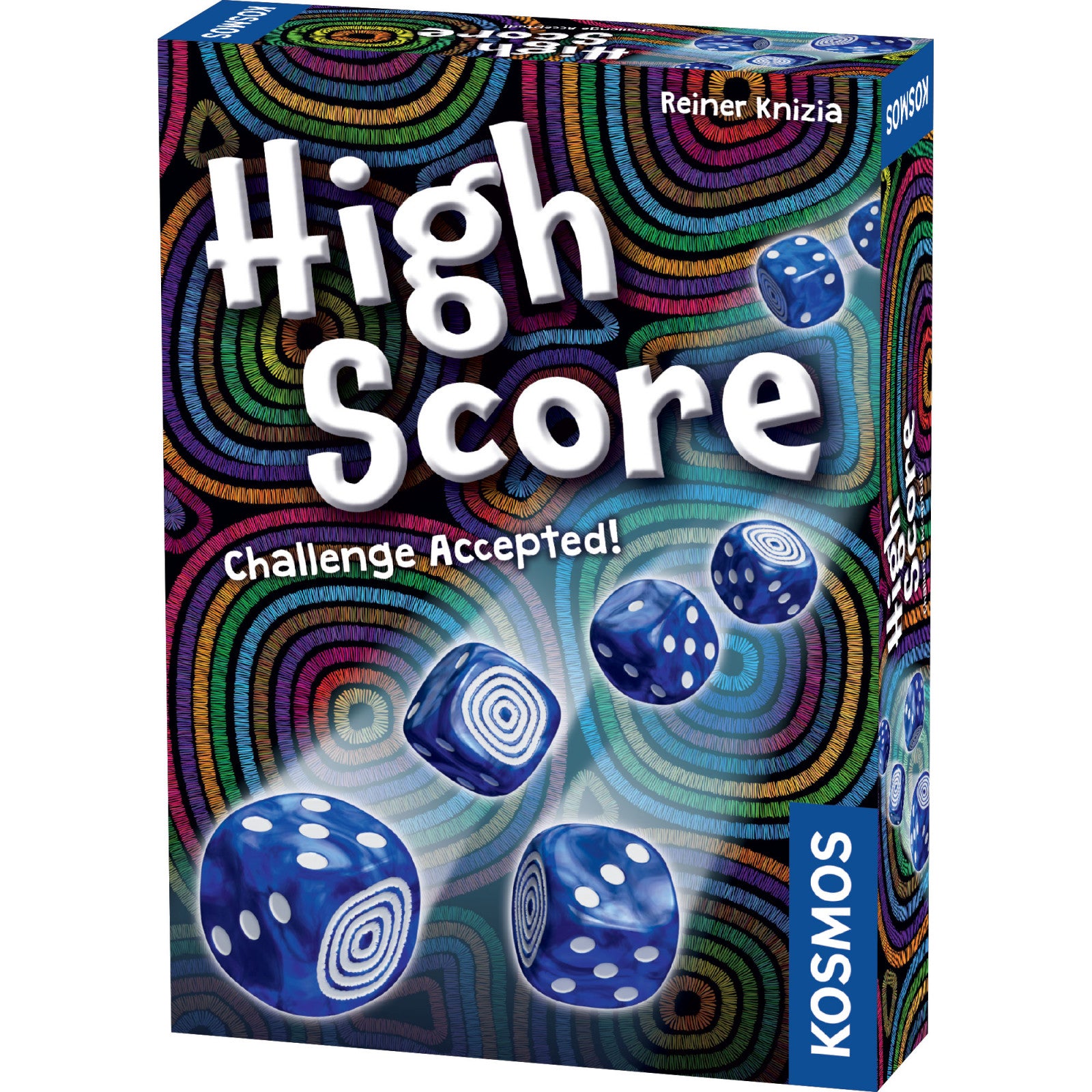High Score dice game box by Reiner Knizia featuring colorful embroidered patterns and blue dice