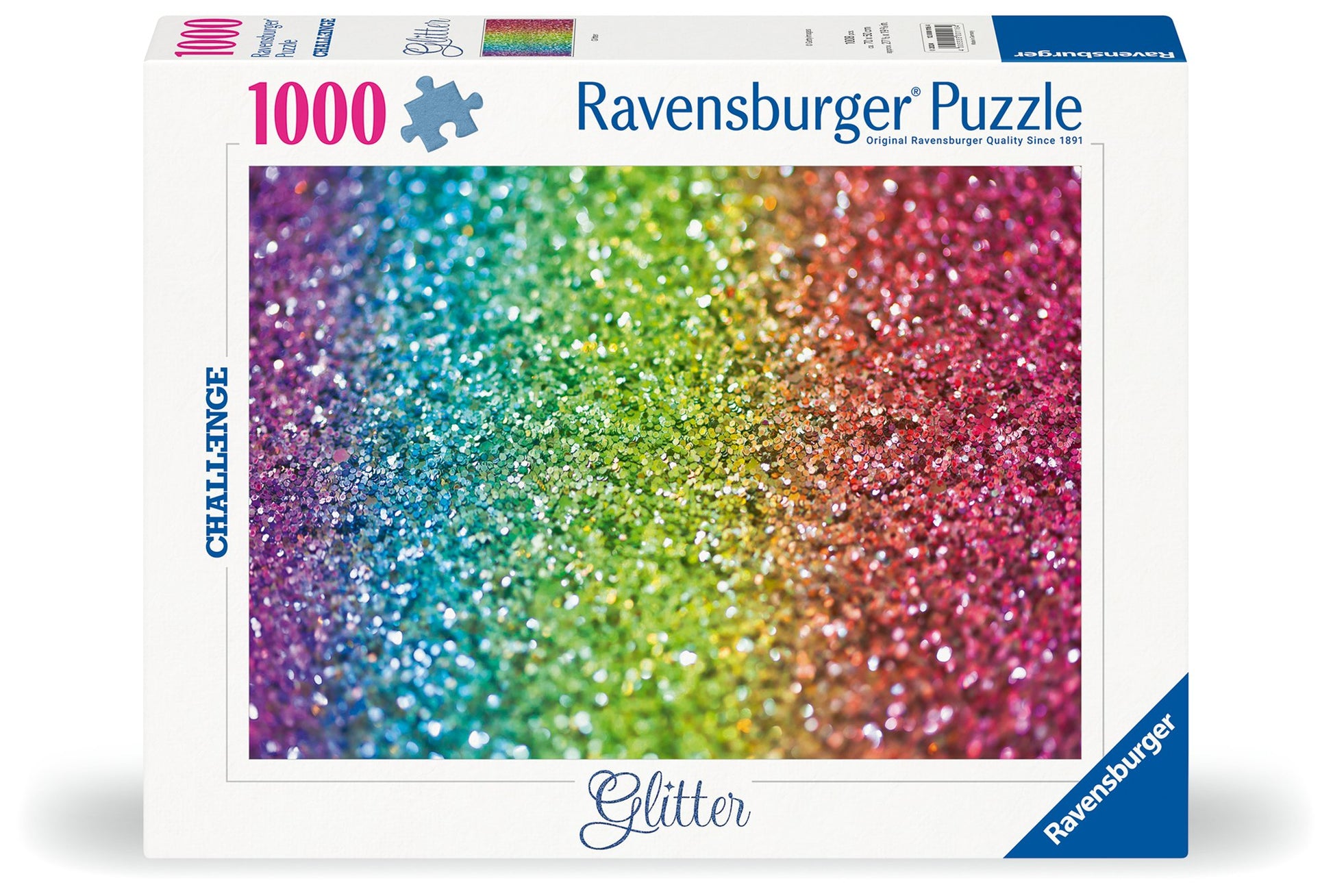 Ravensburger Glitter 1000-piece Challenge puzzle featuring a vibrant rainbow gradient of sparkling glitter for a dazzling visual effect