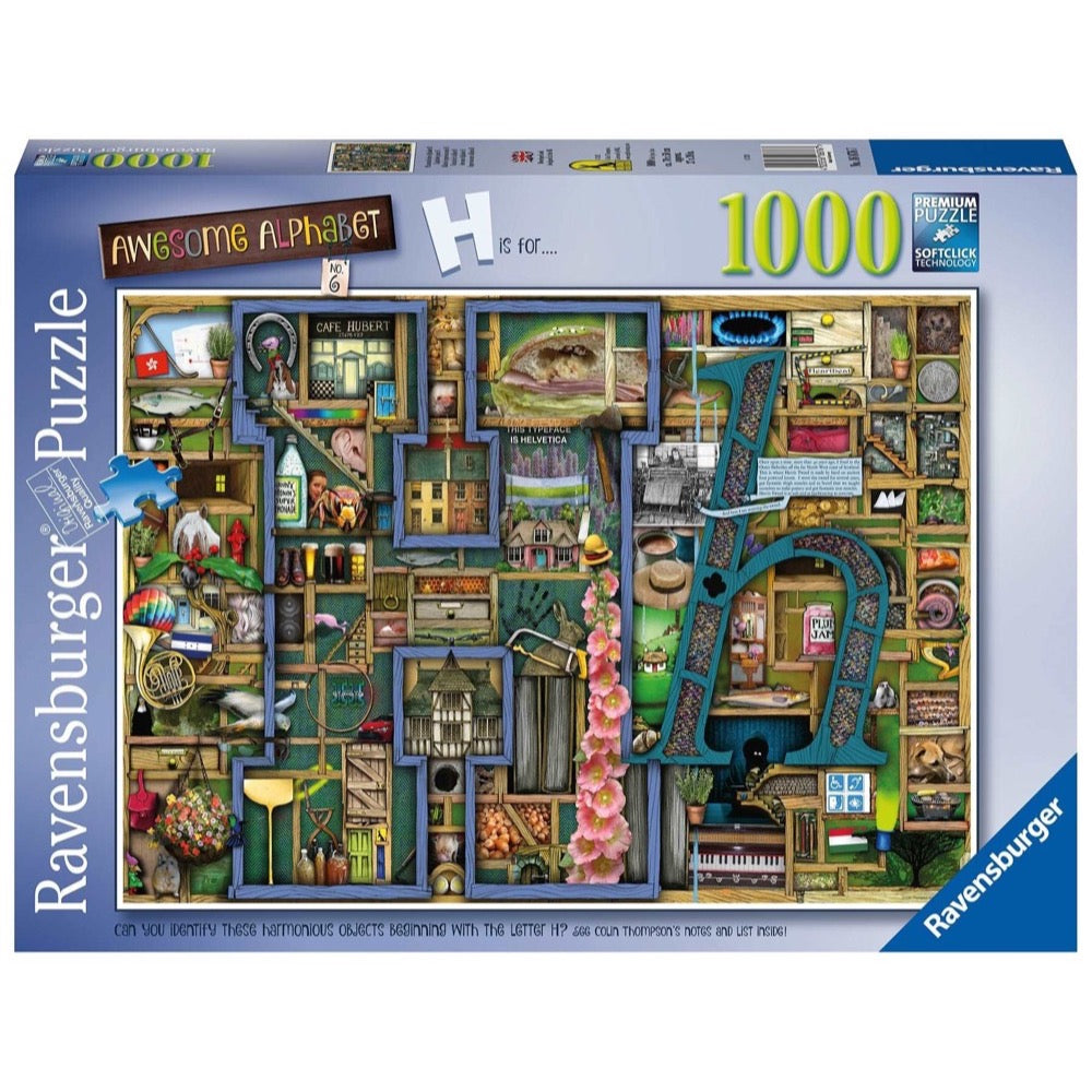 The box for the Awesome Alphabet H Puzzle shows a large teal letter H made of shelves filled with various objects, with 1000 pieces indicated at the top right