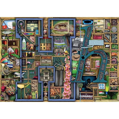 The Awesome Alphabet H Puzzle depicts a large letter H containing scenes, surrounded by a wooden grid filled with diverse small objects