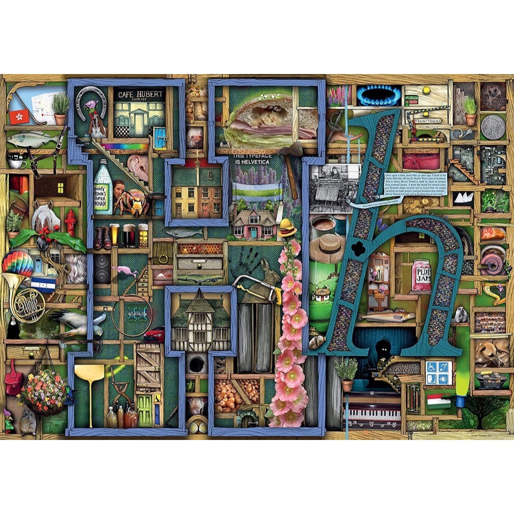 The Awesome Alphabet H Puzzle depicts a large letter H containing scenes, surrounded by a wooden grid filled with diverse small objects