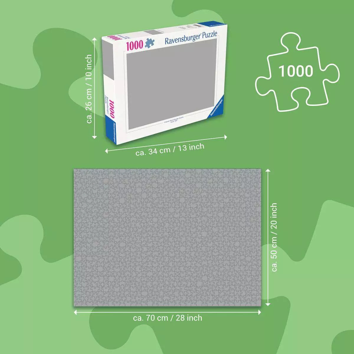 A Ravensburger 1000-piece jigsaw puzzle box (34x26 cm) and the assembled puzzle (70x50 cm) with dimensions indicated, plus a puzzle piece icon with 1000
