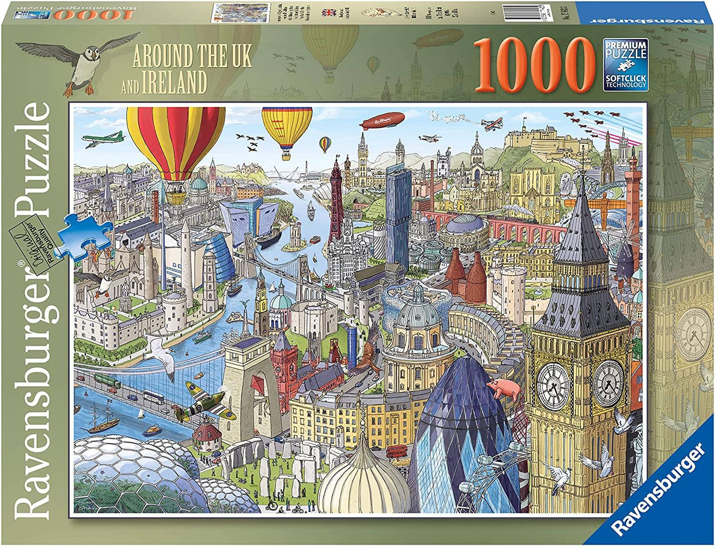 Ravensburger Around the UK and Ireland 1000-piece puzzle featuring iconic British landmarks and scenery with a puffin and hot air balloons