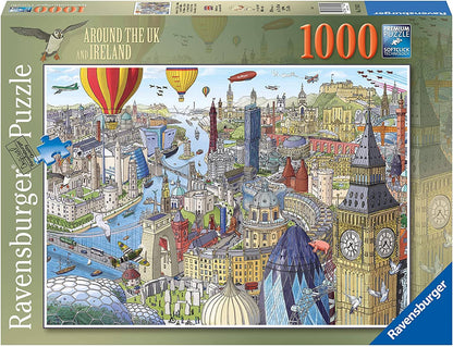 Ravensburger Around the UK and Ireland 1000-piece puzzle featuring iconic British landmarks and scenery with a puffin and hot air balloons