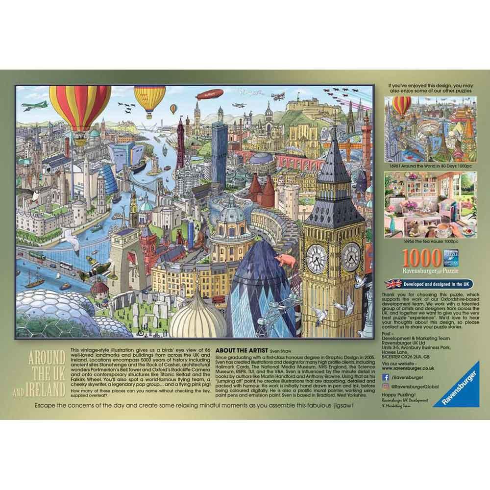 Ravensburger Around the British Isles 1000-piece puzzle featuring a detailed cartoon cityscape of UK landmarks hot air balloons and a flying pig